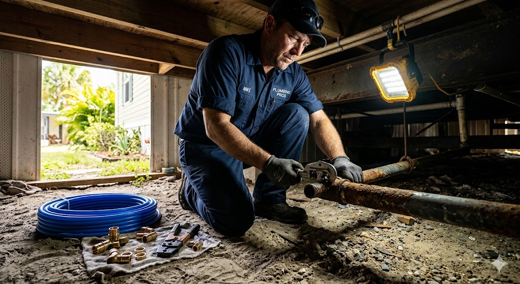 A professional plumber in a navy uniform uses a pipe cutter to remove corroded galvanized lines in a mobile home crawl space in Largo, Florida, with blue PEX piping ready for installation.